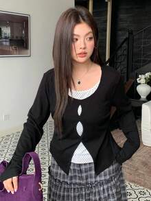 Dazy Plus 拼色波点二合一圆领休闲长袖大码女式T恤，春秋装 - 黑色 - 查看 5