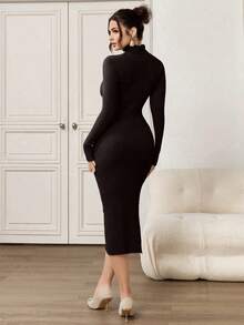 Modelyn 女式纯色简约长袖毛衣裙，休闲日常穿着 - 咖啡棕 - 查看 2