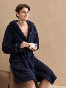 Men's Luxury Plush Lined Belted Robe, Comfortable Casual Sleepwear, Autumn/Winter, British Style, Fluffy, Cozy - Navy Blue - View 3