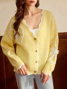 Vintamour 女士花卉撞色开衫毛衣，适合秋冬季、圣诞节、新年和感恩节穿着。 - 黃色 - 查看 6