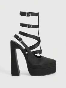 CUCCOO LuxiPop 女士户外尖头粗高跟鞋双平台黑色面料交叉带设计时尚舒适日常聚会宴会扣带高跟鞋 - 黑色 - 查看 2