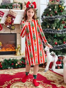 Tween Girls Striped Long Sleeve Casual Round Neck Christmas Tree Pattern Pajamas - Multicolor - View 3