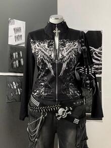 Sunspun Jaqueta plus size feminina com gola alta, estilo punk retrô vanguardista, estampada com strass e decoração frontal, com zíper e capuz, outono/inverno