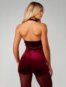 MISSGUIDED Velvet Halter Neck Playsuit Deep V Plunge Romper Party Clubwear Evening Outfit - Burgundy - View 2