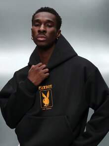 PLAYBOY X SUMWON Magazine Collaboration Oversized Hoodie Cropped Fit Retro Style Pullover With Centre Pocket Large Bunny Logo Vintage Inspired - Black - View 3