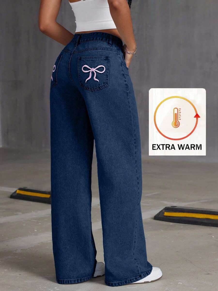 EURMUSE Quần denim dáng suông, giặt thẳng, thêu nơ cho nữ, chất liệu denim dày dặn - Màu xanh hải quân - Xem 1