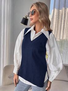 SHEIN Essnce Split Hem Sweater Vest Without Blouse In Fall/Winter,Fall,Fall Clothes For Women - Navy Blue - View 4