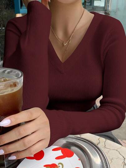 DAZY Suéter de cuello en V de unicolor de manga larga para mujer, de estilo empresarial y casual, para otoño/invierno