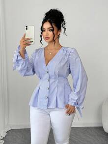Elenzga 大码女式条纹V领长袖单排扣休闲衬衫 - 藍色 - 查看 4