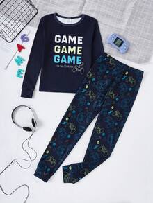 2pcs Boys' Soft & Comfortable Video Game Graphic Print Snug Fit Pajama Set, Sporty Basketball Print, Fluorescent, Long Sleeve Top & Pants, Autumn/Winter Loungewear - Multicolor - View 3