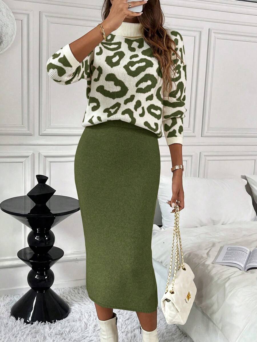 SHEIN LUNE Set de 2 piezas de suéter elegante de punto ajustado con estampado de leopardo - Verde - Ver 1