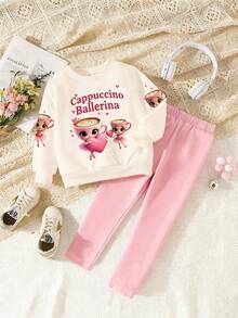 SHEIN 2 pezzi/set Outfit casual e alla moda per bambine e ragazze, con stampa grafica di tazza e ballerina, felpa girocollo beige e leggings neri, completo caldo e confortevole personalizzato per giovani ragazze in autunno/inverno - Multicolore - Visualizzare 3