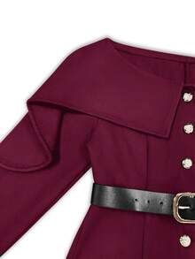 Franclia 女士荷叶边领长袖短款外套，冬季 - 酒紅色 - 查看 3