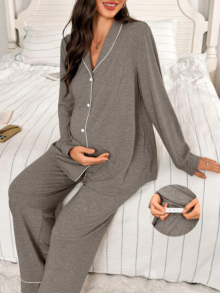 Moonlight&Mama Moonlight & Mama 女士撞色滚边领长袖上衣和裤子宽松舒适两件套睡衣，冬季 - 摩卡棕 - 查看 1