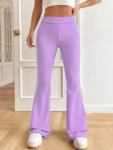 SHEIN 青少年女孩学院风休闲条纹绿色裤子 - 紫色 - 查看 5