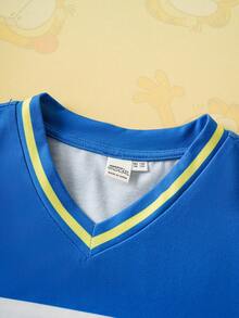 GARFIELD | SHEIN 青少年男孩数字和字母图案拼色宽松 V 领长袖 T 恤 - 藍色 - 查看 5
