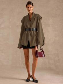 SHEIN BAE 女式纯色翻领长袖单排扣休闲西装外套，秋季 - 卡其色 - 查看 4