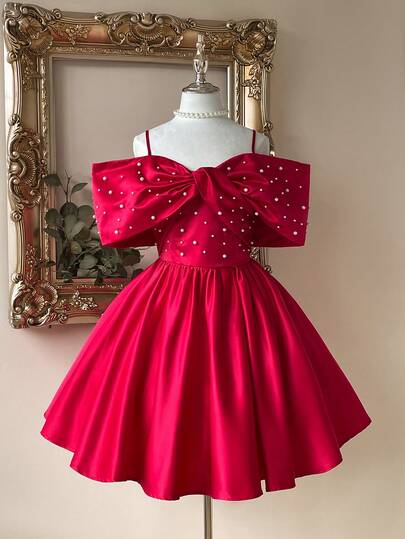 Lovelzi 优雅红色缎面大蝴蝶结袖子电脑钉珍珠装饰吊带 A 字下摆适合单身派对晚会鸡尾酒会舞会礼服、半正式礼服、生日、婚礼嘉宾、毕业返校节