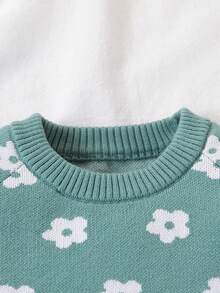 SHEIN Vintaside Kids 女童和幼儿休闲时尚可爱百搭卡通花朵毛衣和毛衣+毛衣裤羊毛套装 - 藍色 - 查看 5