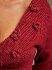 Radiana Suéter feminino com decote em V e estampa floral 3D, fofo, vermelho escuro, Natal, outono e inverno - Vermelho - Ver 7