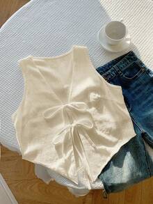 Comfortcana Plus Size Summer Casual Solid Color Sleeveless Shirt With Drawstring Women Sleeveless Tops Linen Tops Women Cotton Tops Women Summer