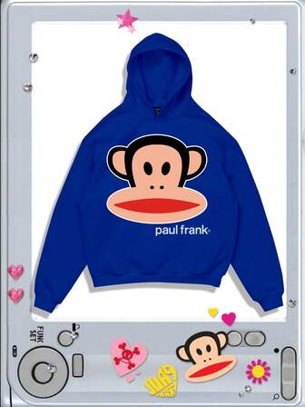Paul Frank X ROMWE Men's Casual Monkey Print Loose Fit Hoodie Sweatshirt, Autumn