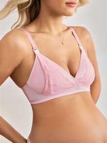 Moonlight&Mama Maternity Contrast Lace Wireless Nursing Bra Pink Bra Maternity Bra Breastfeeding Bra Bras Cute Push Up Lingerie - Pink - View 3