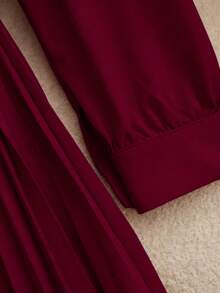 Franclia 休闲通勤百搭纯色长袖衬衫搭配女士A字裙、百褶裙、长裙，配腰带，春秋季，卡其色女套装，女士两件套，女士连衣裙，秋装/春装，女士休闲装，女士教师制服 - 酒紅色 - 查看 6