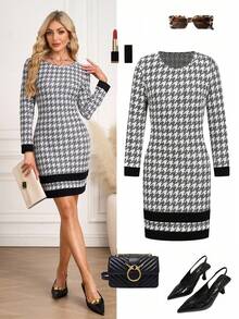 Ellevyn Women's Elegant Houndstooth Knit Round Neck Long Sleeve Fitted Versatile Midi Dress,Winter Clothes Elegant, Winter Dresses For Women