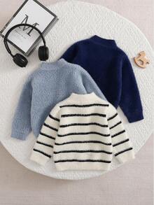 3pcs Baby Boy Minimalist Knit Sweaters, Infant Soft Multi-Pack Half Turtleneck Long Sleeve Pullover Striped Knitted Tops, Baby Boy Versatile Fuzzy Knit Sweaters, Suitable For Casual Wear, Outings And Daily Wear - Multicolor - View 2