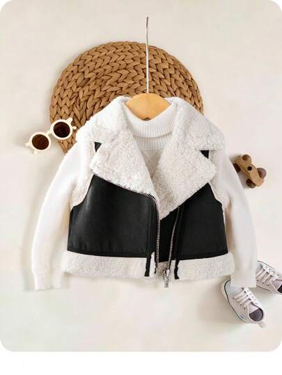 SHEIN 女婴休闲拼色保暖内衬背心夹克，秋冬