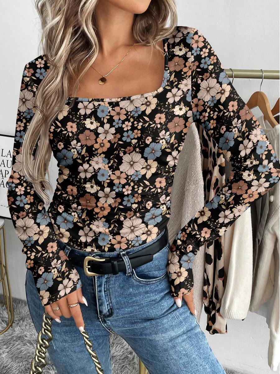 SHEIN LUNE 女士休闲长袖 T 恤，适合秋冬季打底，腰部褶饰，方领，复古碎花 - 彩色 - 查看 1