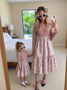 SHEIN Váy suông họa tiết hoa đơn giản, cổ tròn, tay xếp ly, dáng rộng, thời trang dành cho nữ - Bụi hồng - Xem 1