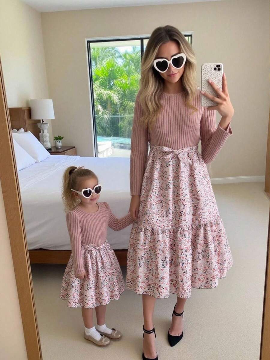 SHEIN Váy suông họa tiết hoa đơn giản, cổ tròn, tay xếp ly, dáng rộng, thời trang dành cho nữ - Bụi hồng - Xem 1