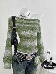 Elamini Women's Ombre Shoulder Cutout Long Sleeve Fashionable Sweater, Suitable For Vacation - Green - View 1