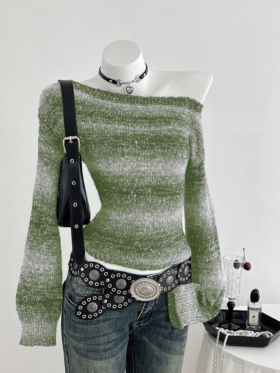 Elamini Women's Ombre Shoulder Cutout Long Sleeve Fashionable Sweater, Suitable For Vacation - Green - View 1
