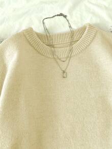 Elamini 女式纯色圆领长袖休闲套头毛衣，秋冬 - 杏色 - 查看 5