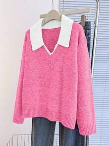 Franclia V-Neck 2 In 1 Long Sleeve Sweater, Autumn/Winter - Hot Pink - View 5