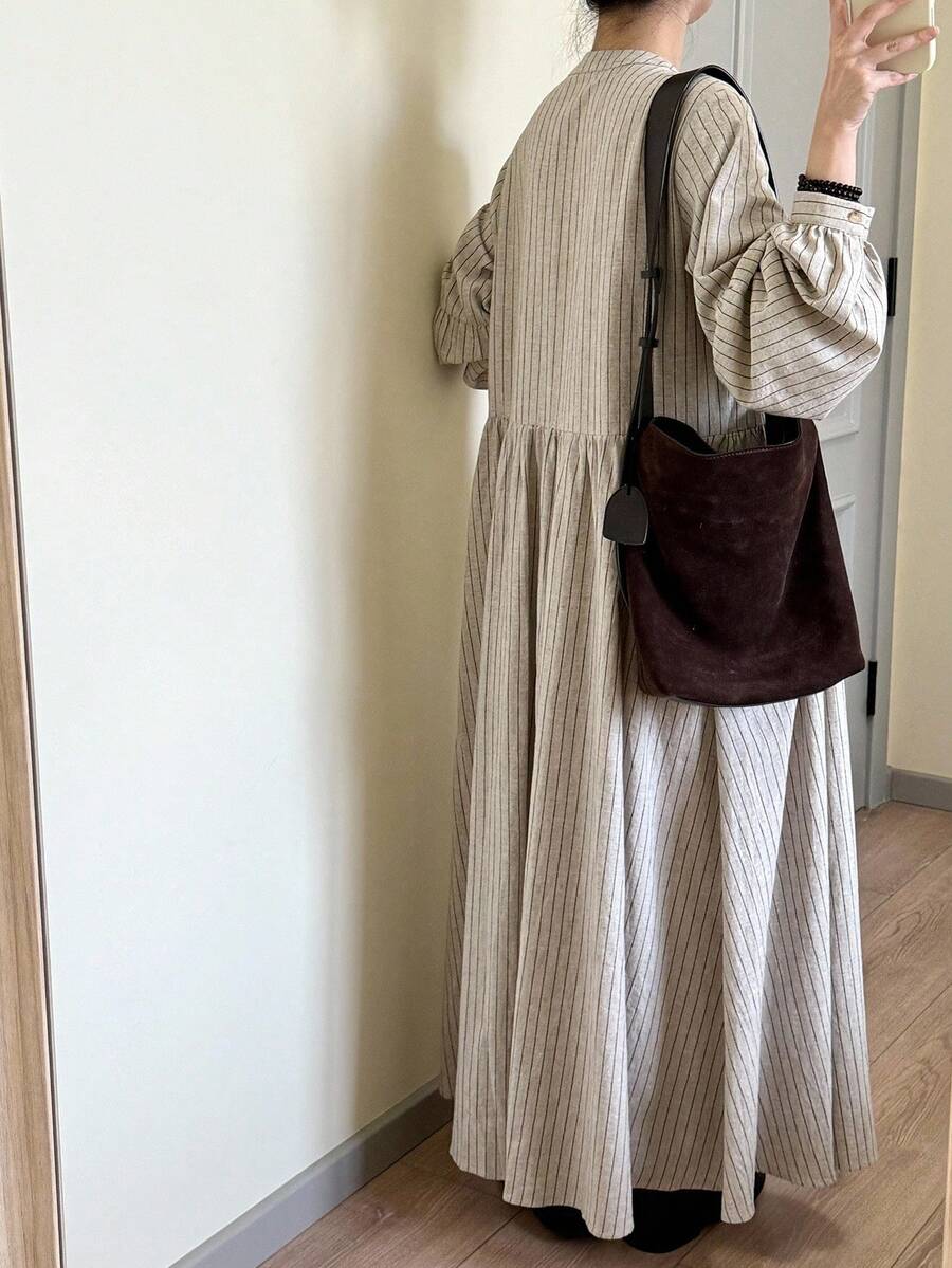 FRIFUL 女士条纹宽松A字连衣裙，自然风格连衣裙 - 卡其色 - 查看 1
