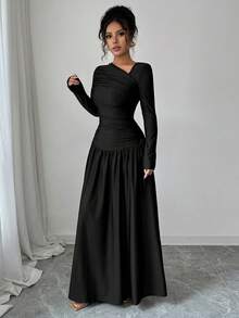 Elenzga 新款女士斜领长袖褶皱蝴蝶结设计A字收腰显瘦度假休闲优雅长裙，春秋季 - 黑色 - 查看 5