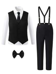 SHEIN Set de 2 piezas Conjunto de caballero para adolescentes - Chaleco negro slim fit + Pantalones texturizados + Tirantes + Pajarita, Traje formal elegante para cumpleaños, boda, invitado de boda, paje, portador de anillos - Negro - Ver 1