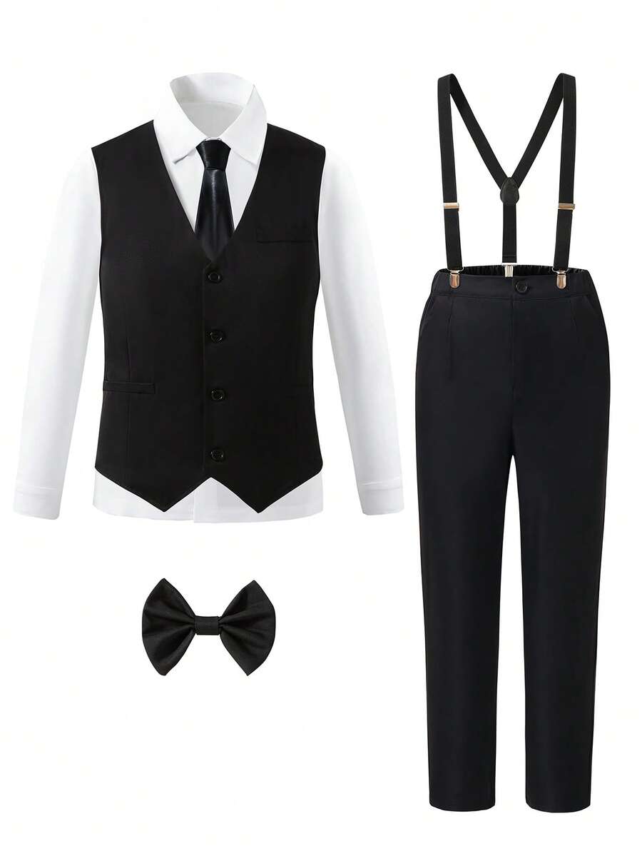 SHEIN Set de 2 piezas Conjunto de caballero para adolescentes - Chaleco negro slim fit + Pantalones texturizados + Tirantes + Pajarita, Traje formal elegante para cumpleaños, boda, invitado de boda, paje, portador de anillos - Negro - Ver 1