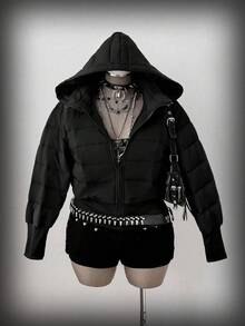 Sunspun Plus Size Hooded Collar Cinched Waist Long Sleeve Padded Coat - Black - View 1