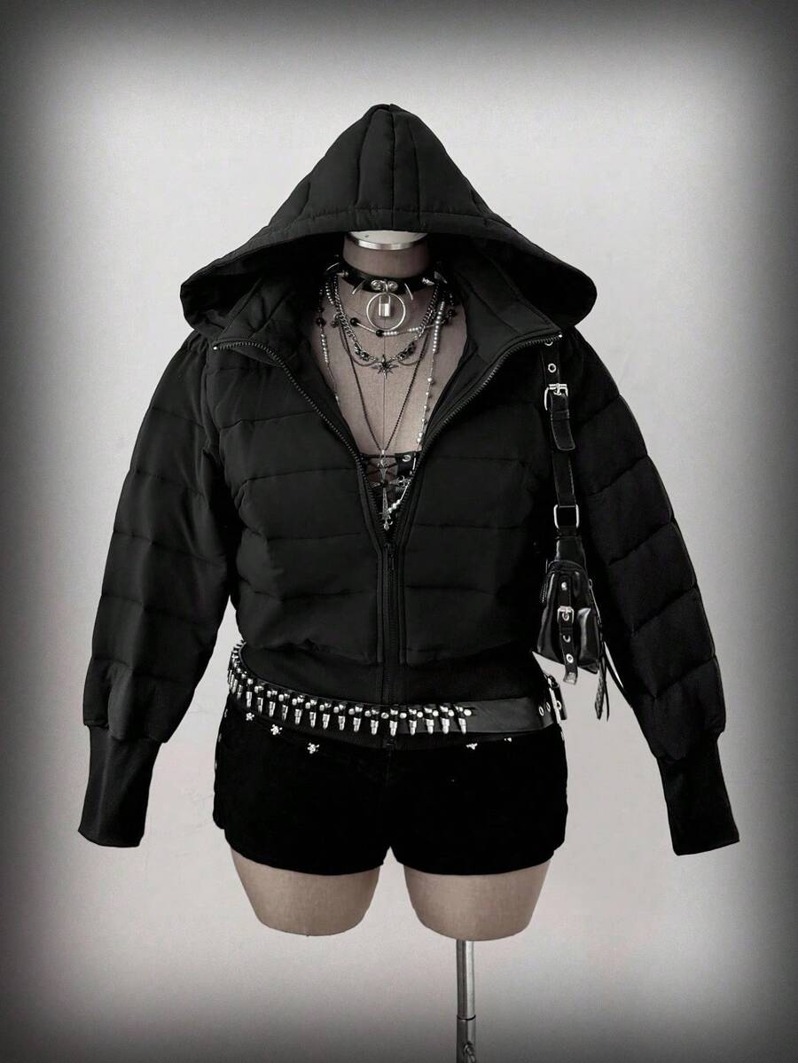 Sunspun Plus Size Hooded Collar Cinched Waist Long Sleeve Padded Coat - Black - View 1