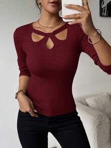 SHEIN Clasi Maglia basic donna con colletto traforato, tinta unita, casual business, abbigliamento da lavoro, abito da invitata a matrimonio autunnale