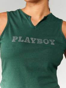 Missguided x Playboy 奢华水晶镶嵌兔子标志无袖短款上衣时尚个性单品迷人晚会修身背心 - 綠色 - 查看 3