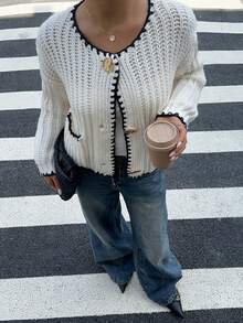 Siren Gaze Women's Casual Fashion Contrast Binding Metal Button Ribbed Knit Cardigan, Autumn/Winter Button Up Cardigan Crochet Cardigan - Apricot - View 2