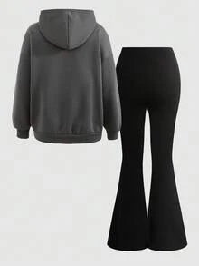 少女卡通图案宽松保暖连帽衫和心形印花喇叭裤两件套服装套装，深灰色 - 灰色 - 查看 2