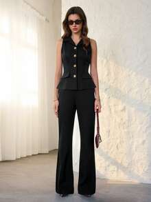 SHEIN Tall Women's Elegant Commuter Vest And Pants 2 Pieces Set - Black - View 1