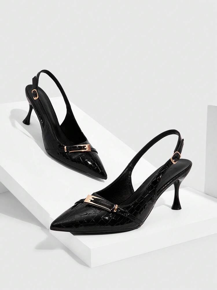 CUCCOO SZL Fashionable Sexy Black Stone Texture Women's High Heels, Buckle Design Comfortable Versatile Party/Event Pumps